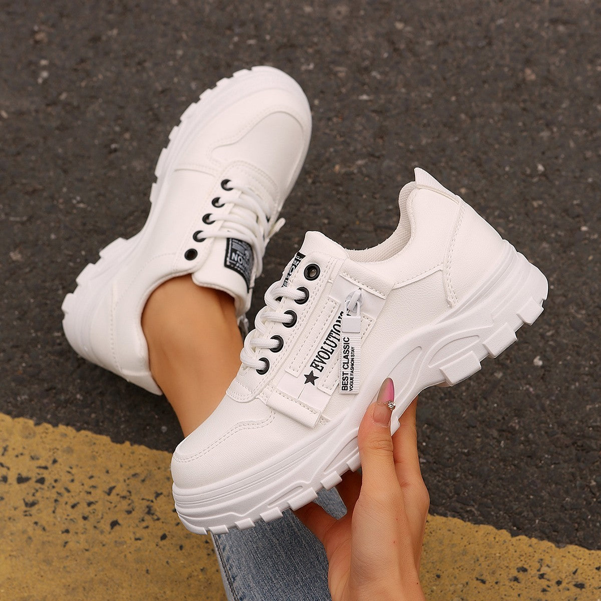 Lace-up Sports Shoes With Side-Zipper Design Fashion Thick-soled Round-toe Casual Shoes For Women Sneakers White