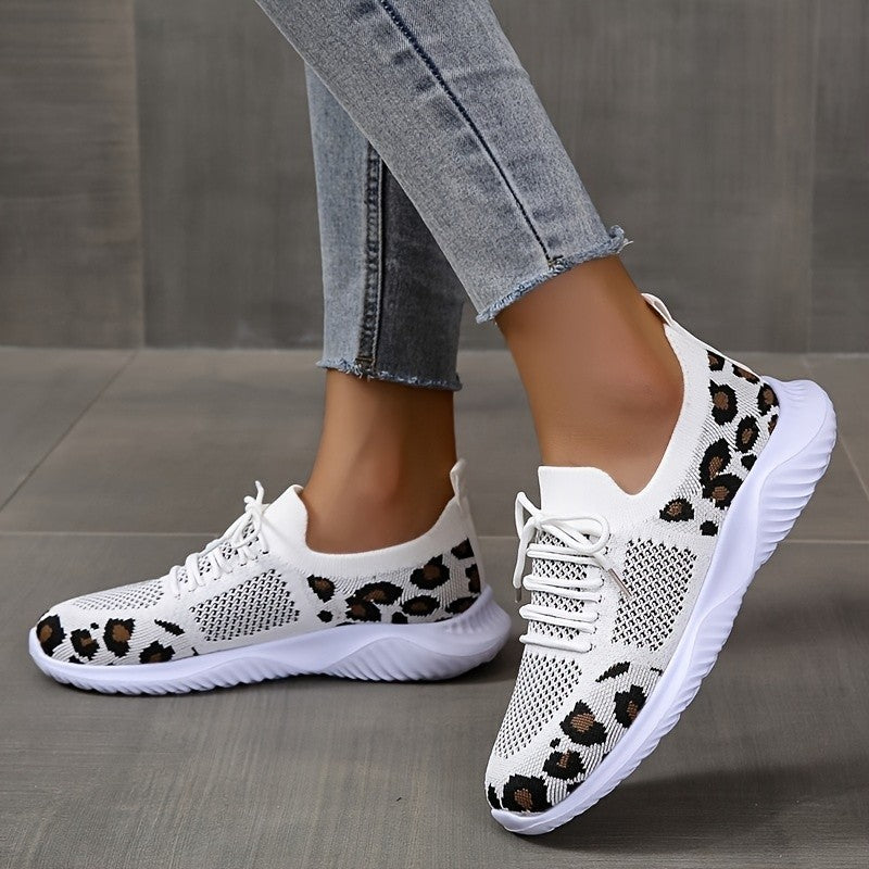 White Shoes Women Leopard Print Lace-up Sneakers Sports Yellow leopard print