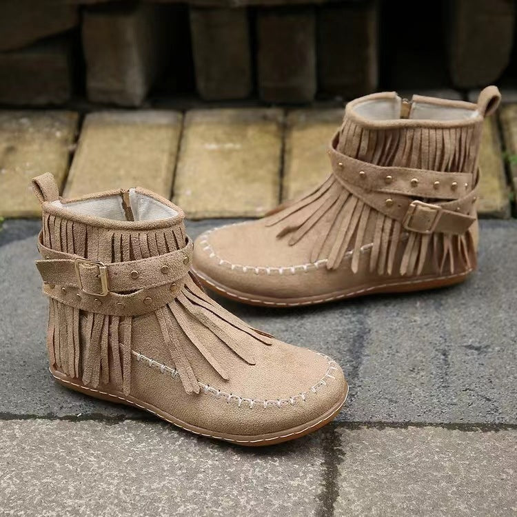 Retro Ankle Boots With Rivet Tassel Flat Shoes Women Winter Boots Khaki