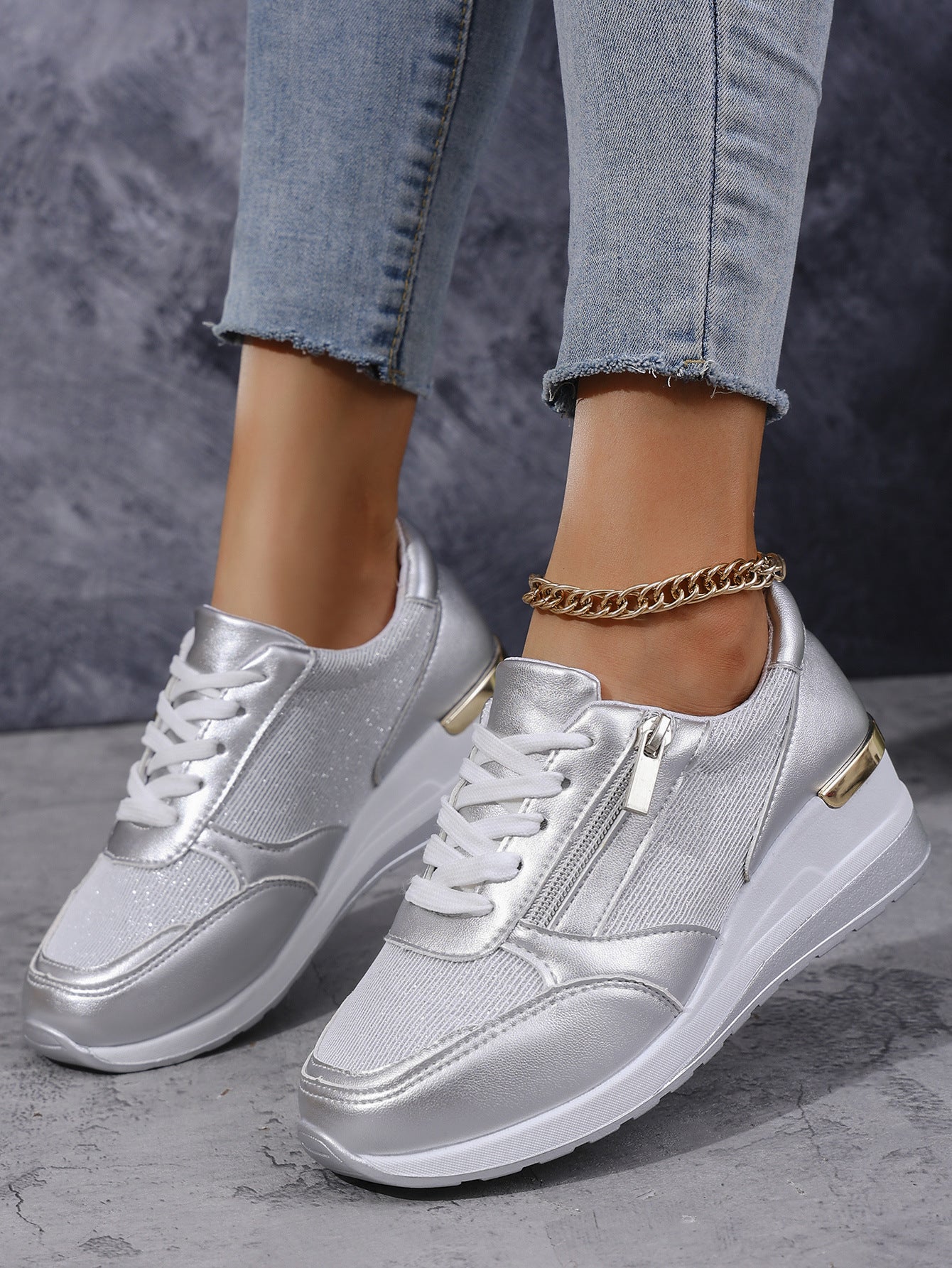 Women's Lace-up Casual Shoes FFashion Side Zipper Design Thick-soled Shoes Walking Running Sports Sneakers Silver