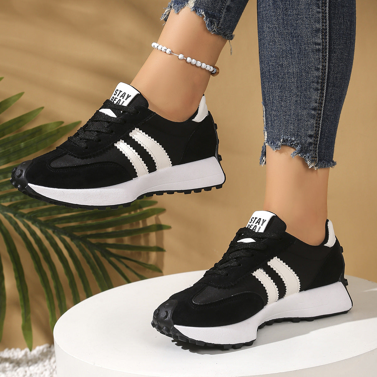 Stripe Lace-up Sneakers Women's Thick Bottom Casual Shoes Breathable Sports Shoes Black