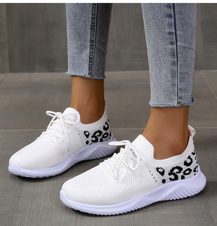 White Shoes Women Leopard Print Lace-up Sneakers Sports White