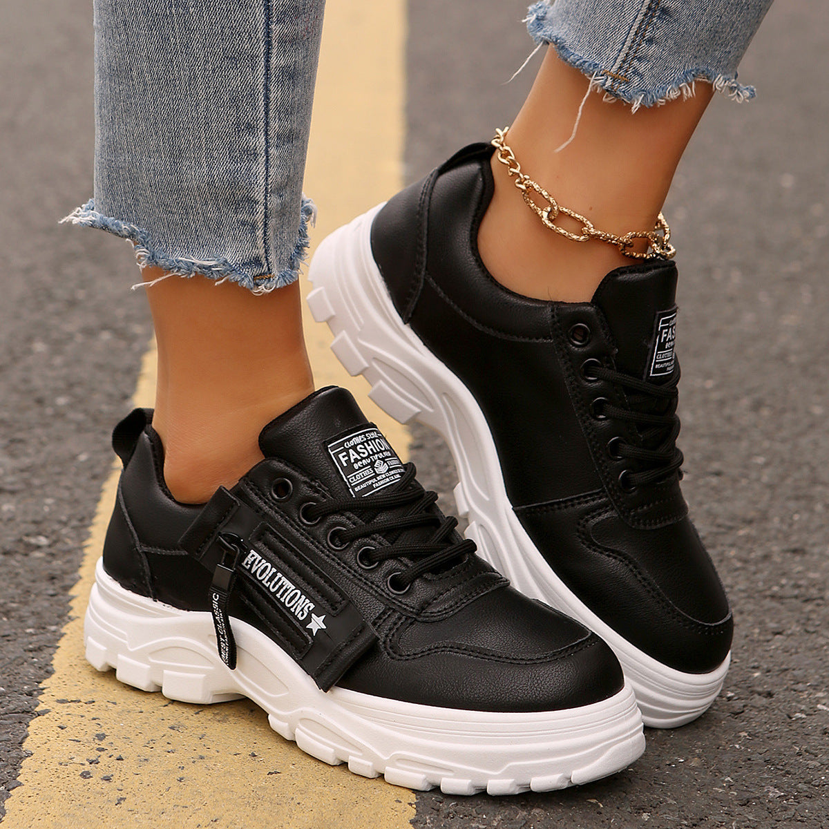Lace-up Sports Shoes With Side-Zipper Design Fashion Thick-soled Round-toe Casual Shoes For Women Sneakers Black