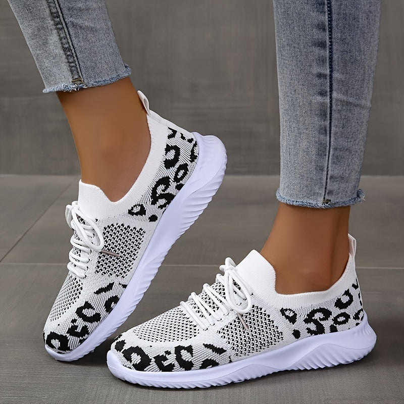 White Shoes Women Leopard Print Lace-up Sneakers Sports Black panther print