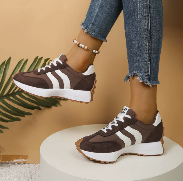 Stripe Lace-up Sneakers Women's Thick Bottom Casual Shoes Breathable Sports Shoes Dark brown