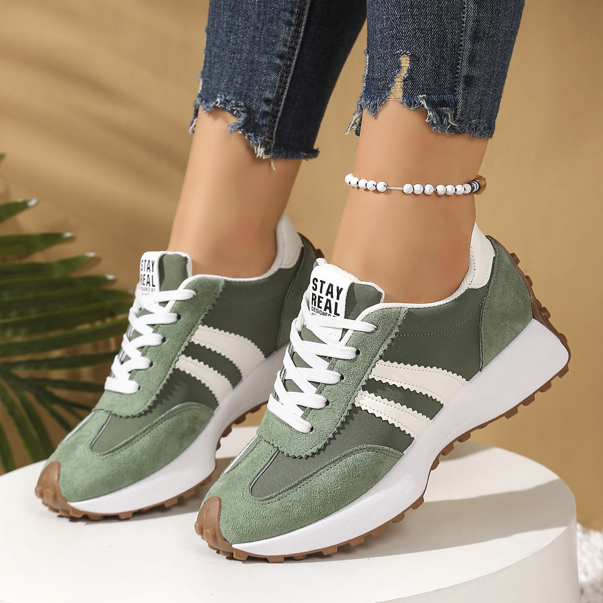 Stripe Lace-up Sneakers Women's Thick Bottom Casual Shoes Breathable Sports Shoes Green