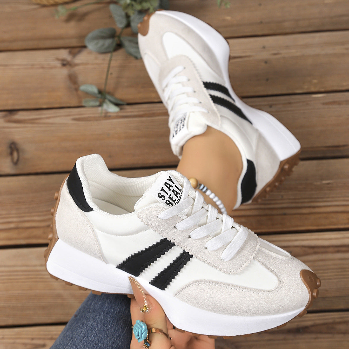 Stripe Lace-up Sneakers Women's Thick Bottom Casual Shoes Breathable Sports Shoes White