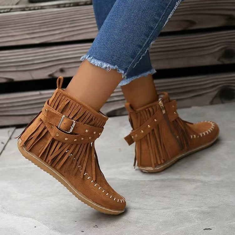 Retro Ankle Boots With Rivet Tassel Flat Shoes Women Winter Boots Dark Brown