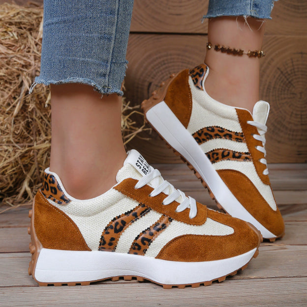 Stripe Lace-up Sneakers Women's Thick Bottom Casual Shoes Breathable Sports Shoes Beige