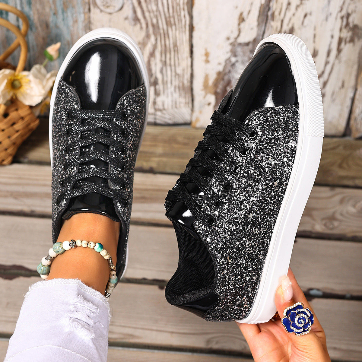 Plus Size Sequined Front Lace-up Solid Color Plus Size Board Shoes Black