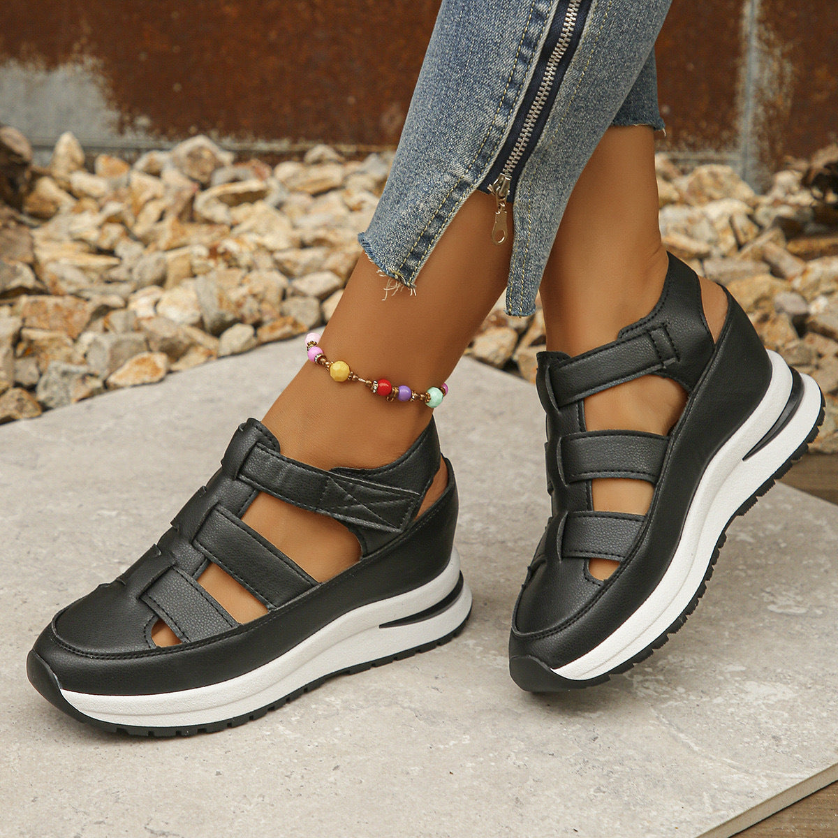 Summer Wedge Baotou Hollow Women's Breathable Shoes Black