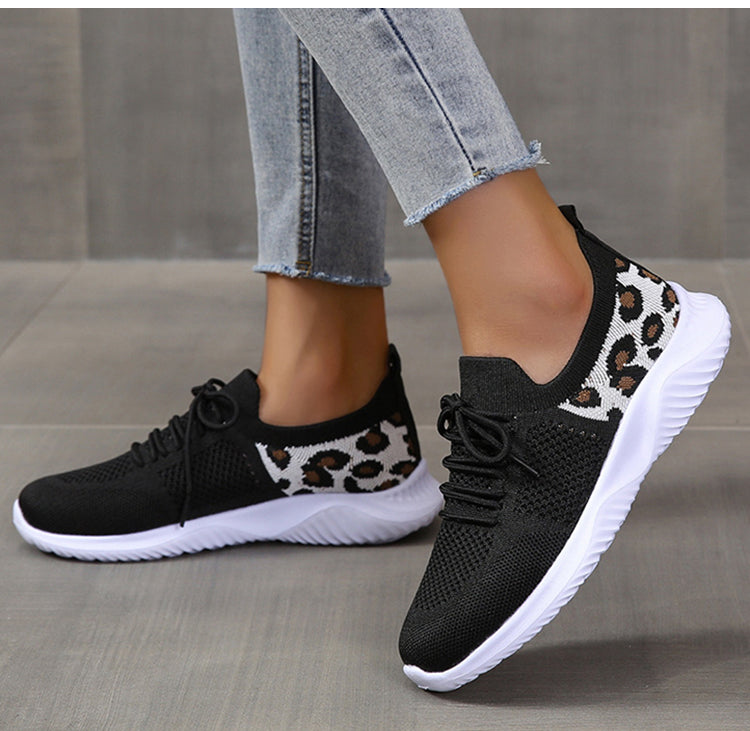 White Shoes Women Leopard Print Lace-up Sneakers Sports Black