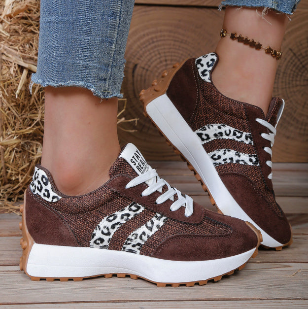 Stripe Lace-up Sneakers Women's Thick Bottom Casual Shoes Breathable Sports Shoes Brown
