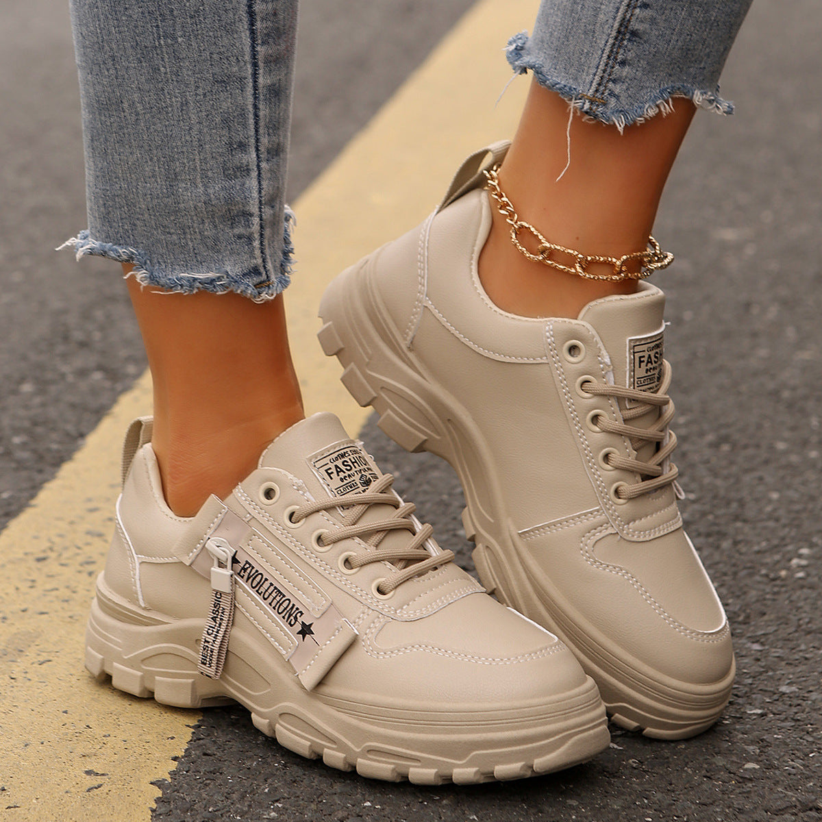 Lace-up Sports Shoes With Side-Zipper Design Fashion Thick-soled Round-toe Casual Shoes For Women Sneakers Cream white