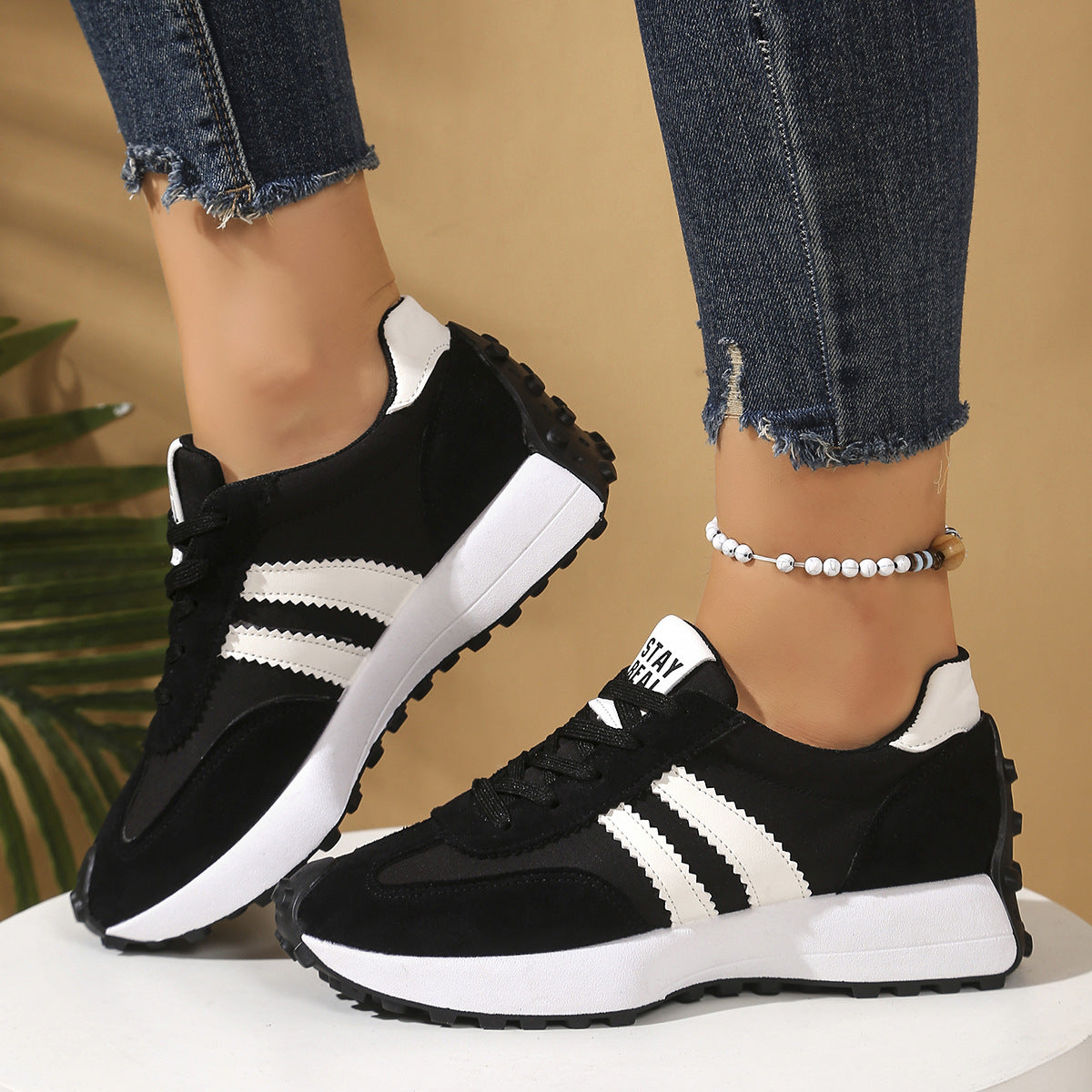 Stripe Lace-up Sneakers Women's Thick Bottom Casual Shoes Breathable Sports Shoes Black 42