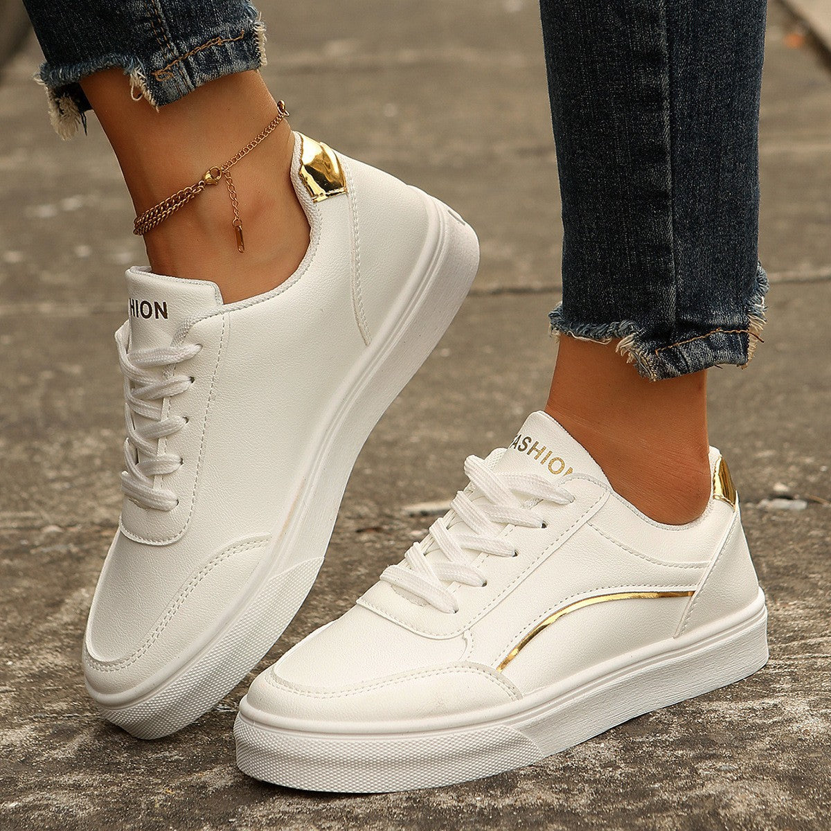 Lace-up White Flats Shoes Fashion Round Toe Slip-on Thick Sole Casual Shoes For Women Gold