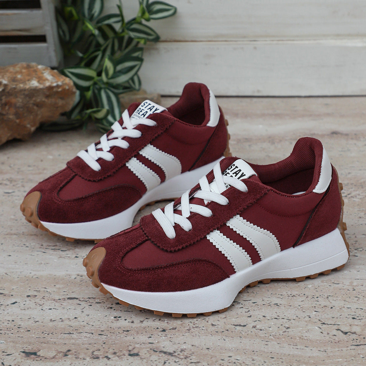 Stripe Lace-up Sneakers Women's Thick Bottom Casual Shoes Breathable Sports Shoes Red
