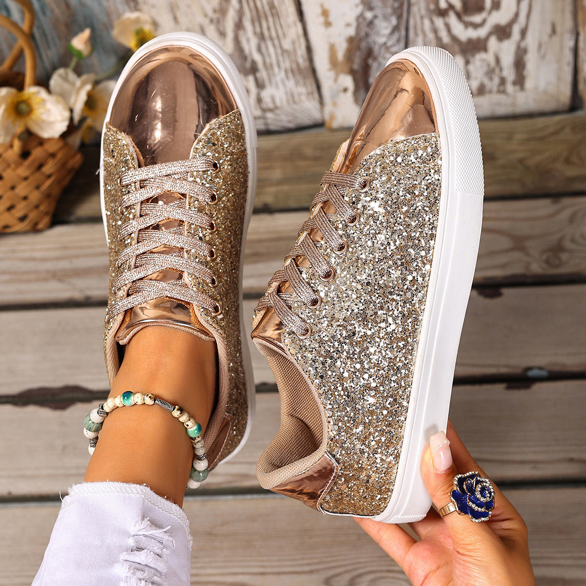 Plus Size Sequined Front Lace-up Solid Color Plus Size Board Shoes Gold