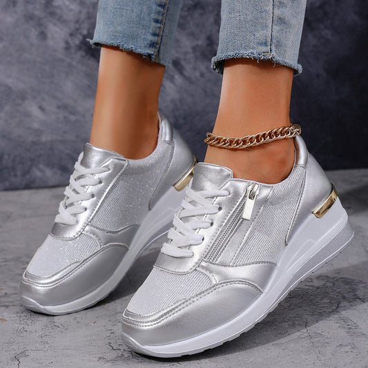 Women's Lace-up Casual Shoes FFashion Side Zipper Design Thick-soled Shoes Walking Running Sports Sneakers