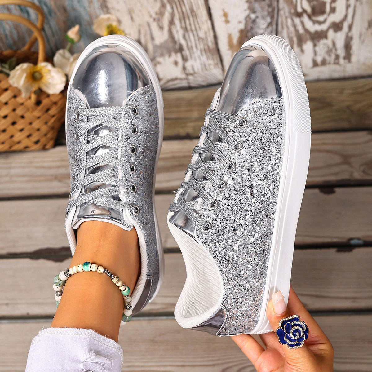 Plus Size Sequined Front Lace-up Solid Color Plus Size Board Shoes Silver