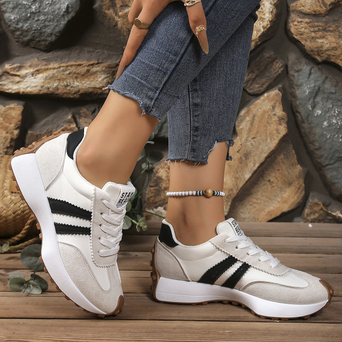 Stripe Lace-up Sneakers Women's Thick Bottom Casual Shoes Breathable Sports Shoes White