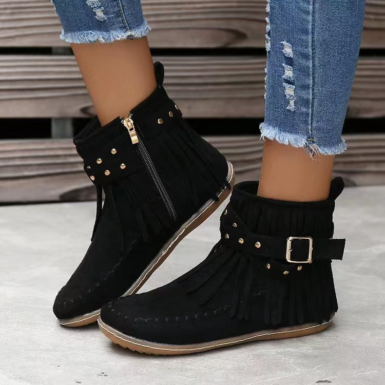 Retro Ankle Boots With Rivet Tassel Flat Shoes Women Winter Boots Black