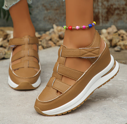 Summer Wedge Baotou Hollow Women's Breathable Shoes Light Brown